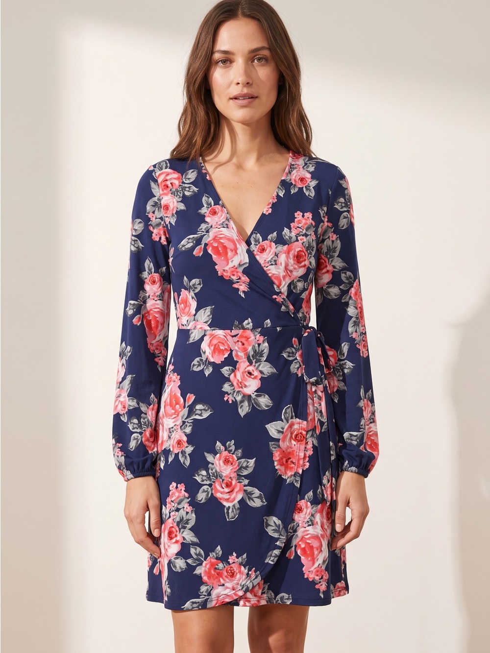Gianni Bini Navy Floral Long Sleeve Faux Wrap Dress Size S
